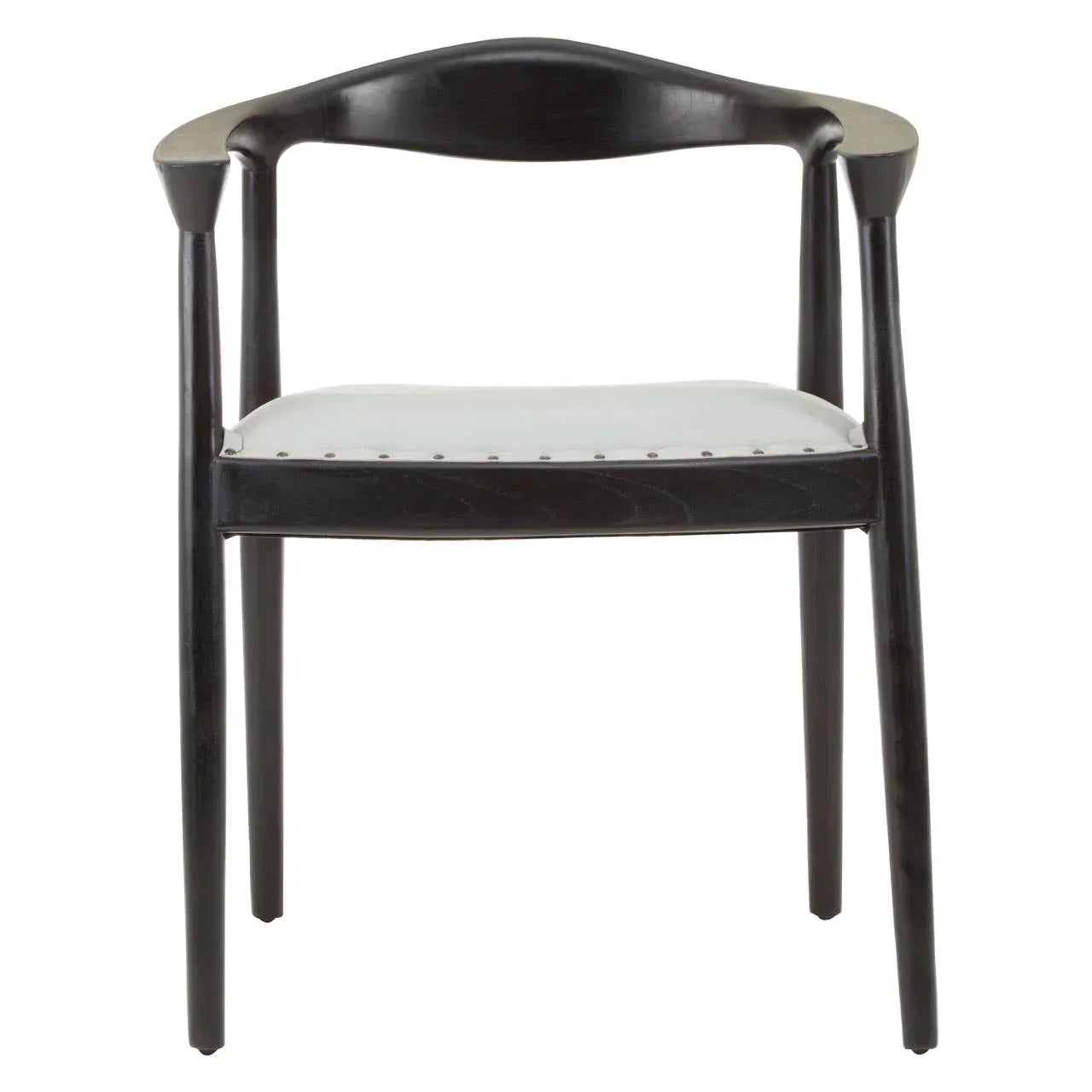 Black wooden dining chair with curved backrest and white padded seat, front view