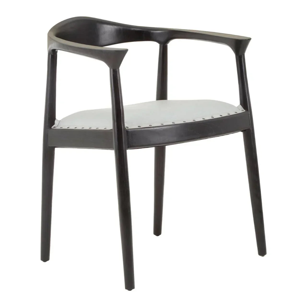Black wooden dining chair with curved arms and white seat, angled front view