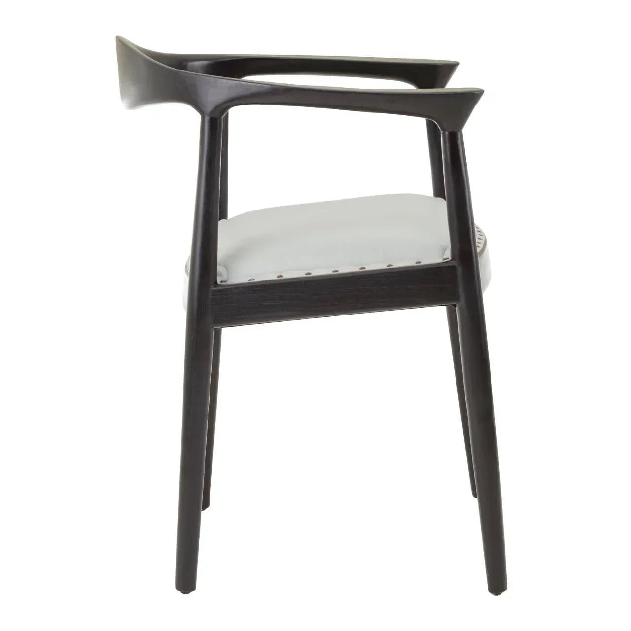 Dark wood dining chair with curved backrest and light upholstered seat, side angle view