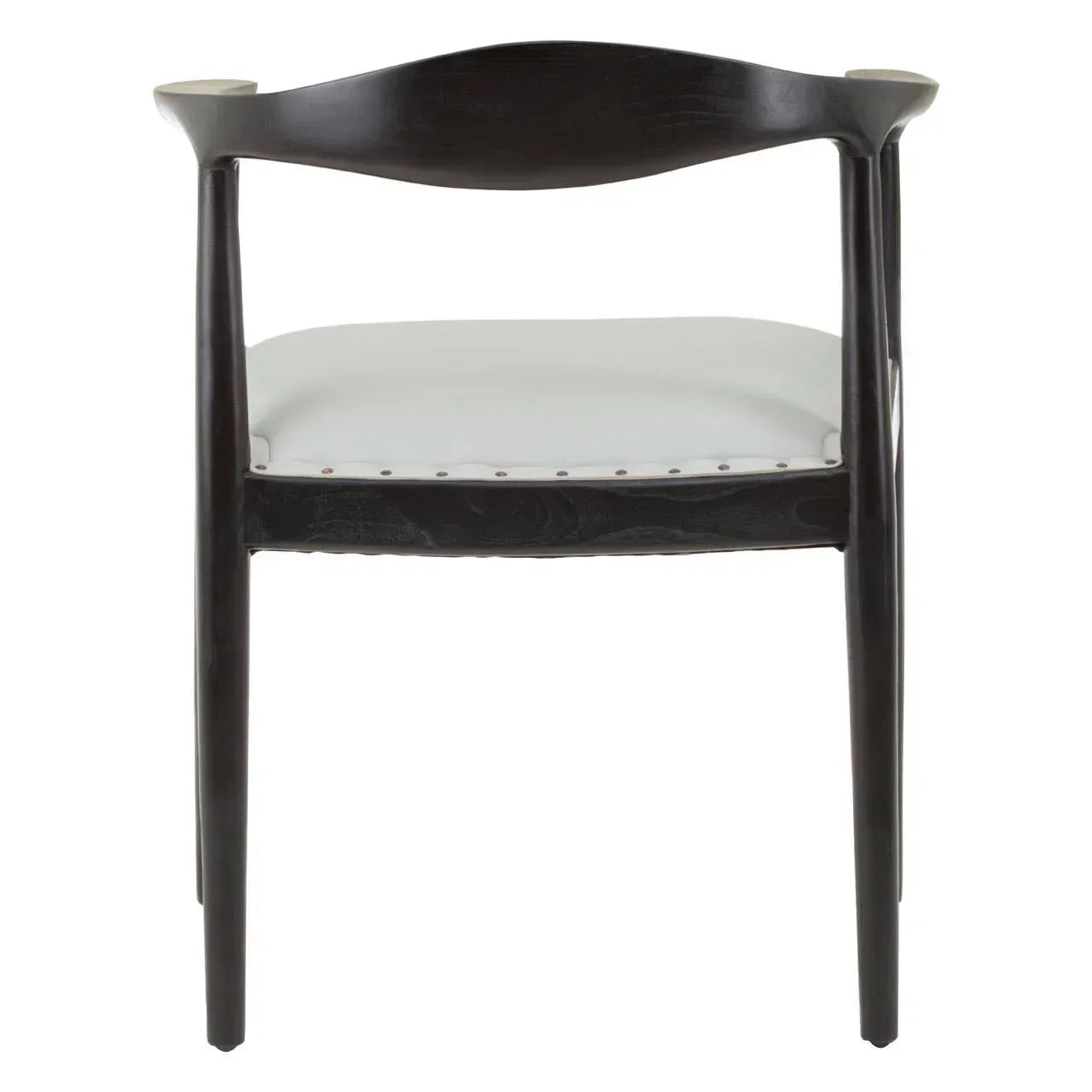 Rear view of dining chair with dark wood frame and white upholstered seat