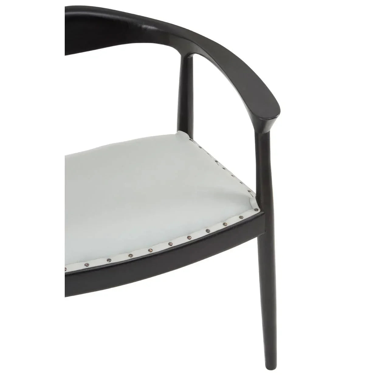 Black wooden dining chair with curved armrest and white cushioned seat detail