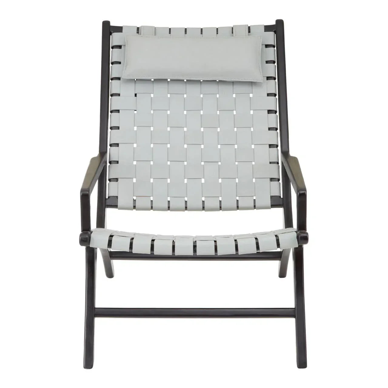 Foldable lounge chair with black frame and grey woven seat and backrest, front view