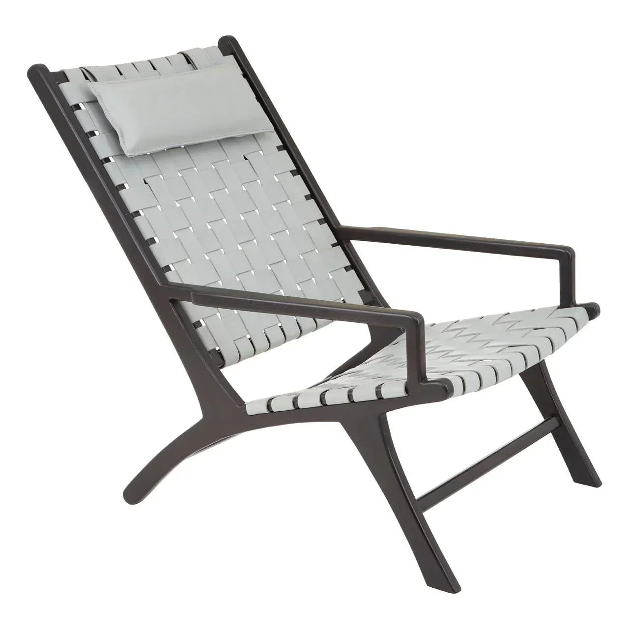 Grey woven lounge chair with black wooden frame and headrest, angled side view