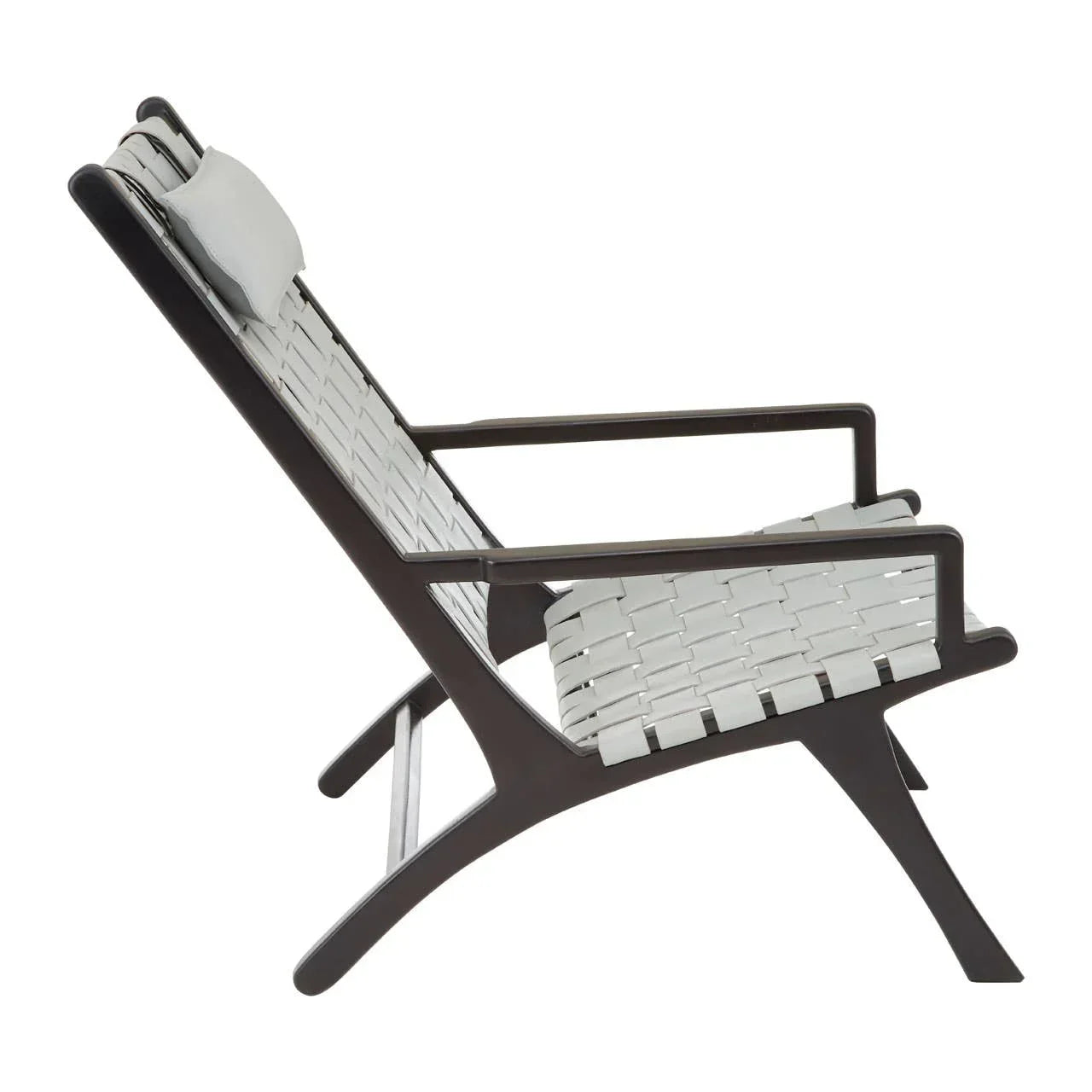 Side view of lounge chair with black frame and white woven seat and backrest