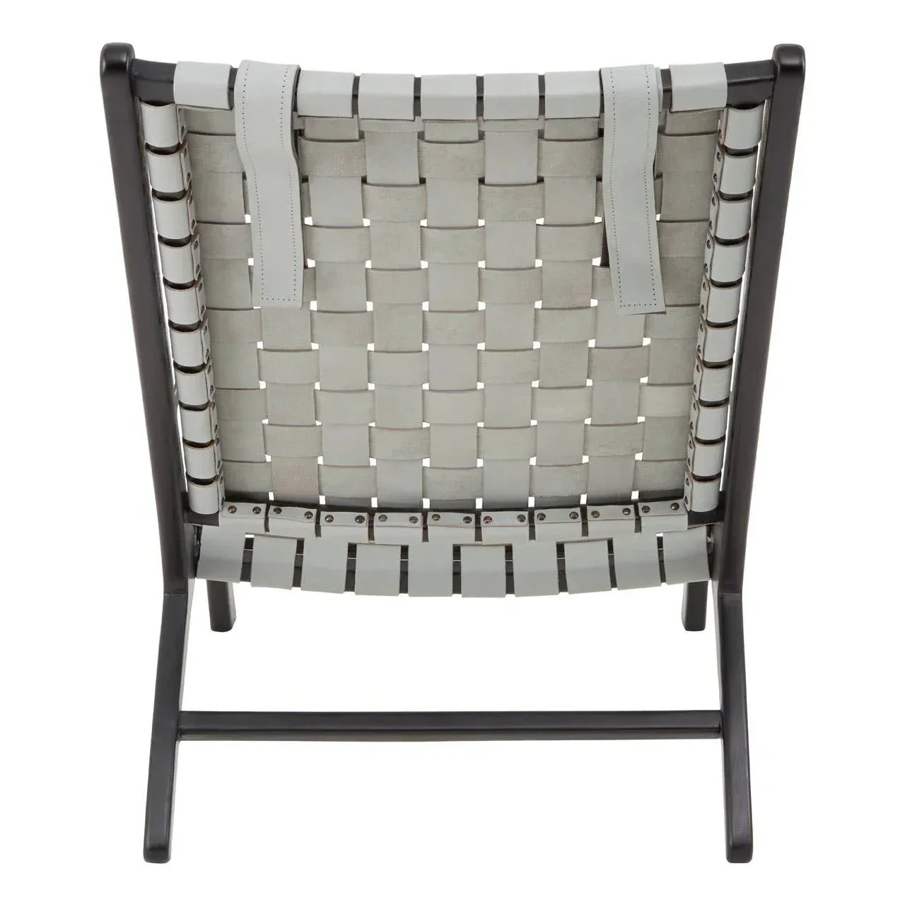 Rear view of lounge chair with woven grey straps and dark wooden frame