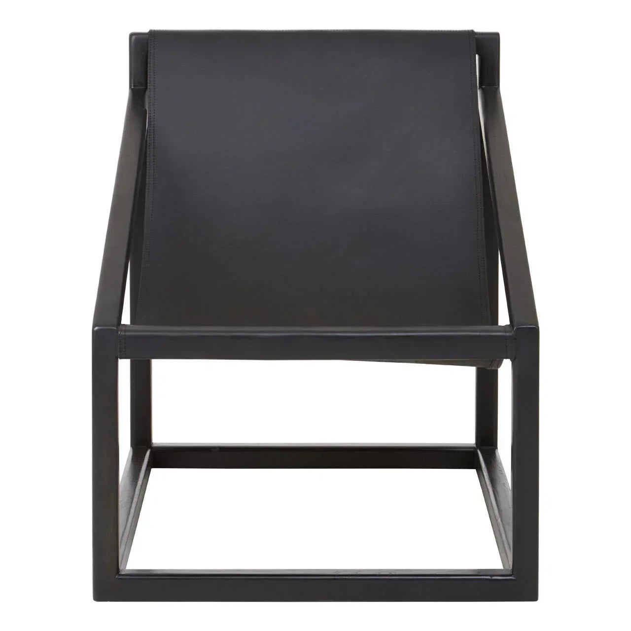 Black leather accent chair with square metal frame, front view