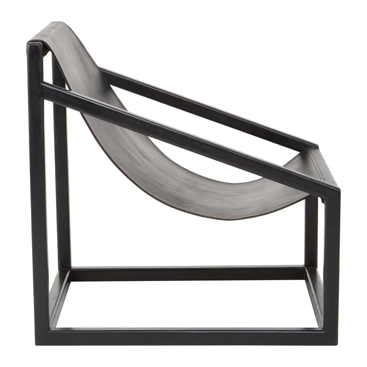 Black magazine rack with leather sling and metal frame, side profile view