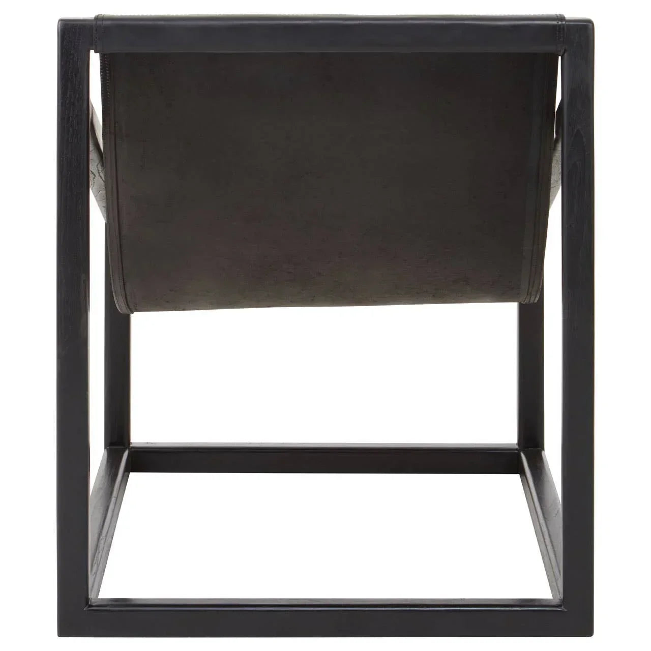 Black metal accent chair with leather sling backrest, rear view