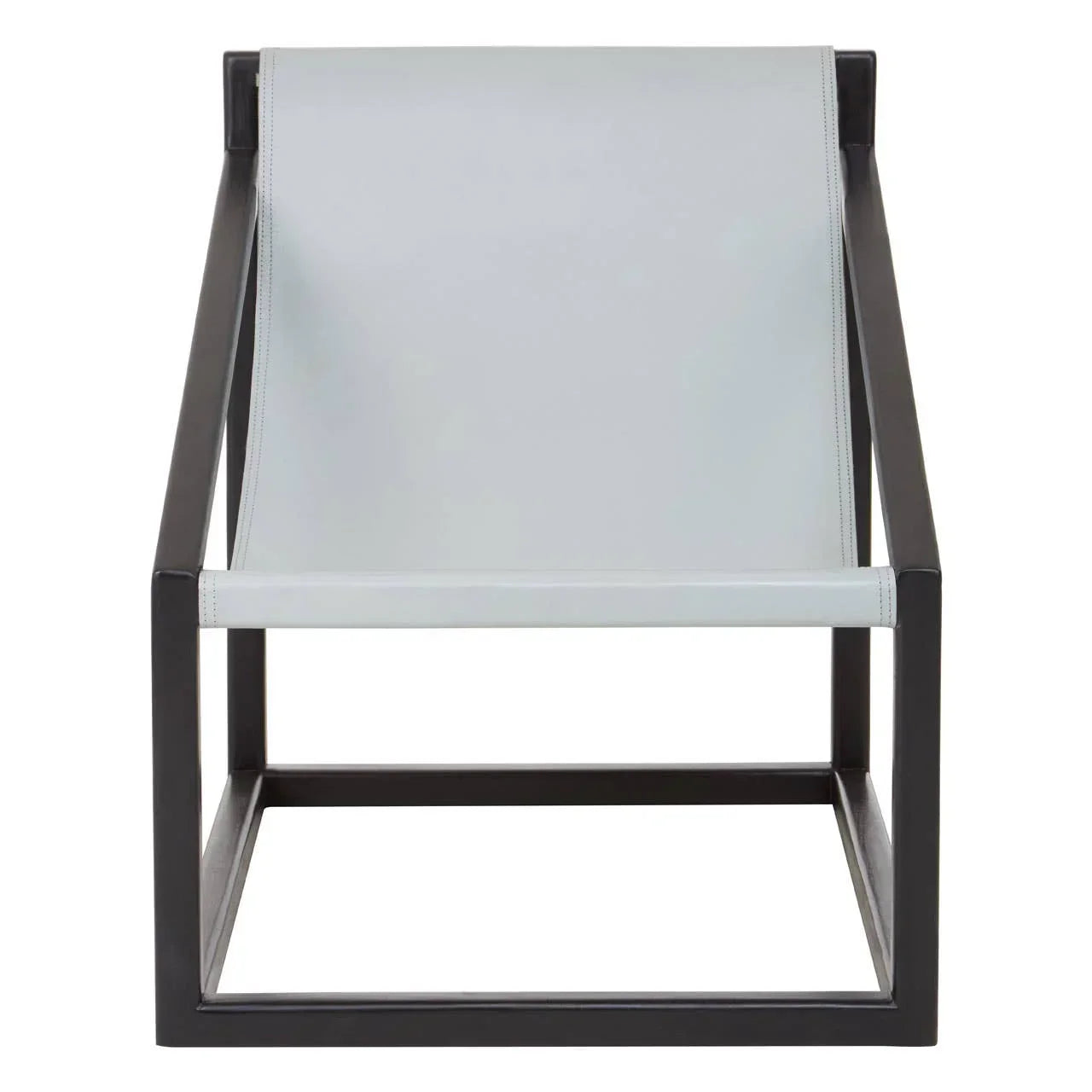 Modern accent chair with black metal frame and light grey leather seat, front view