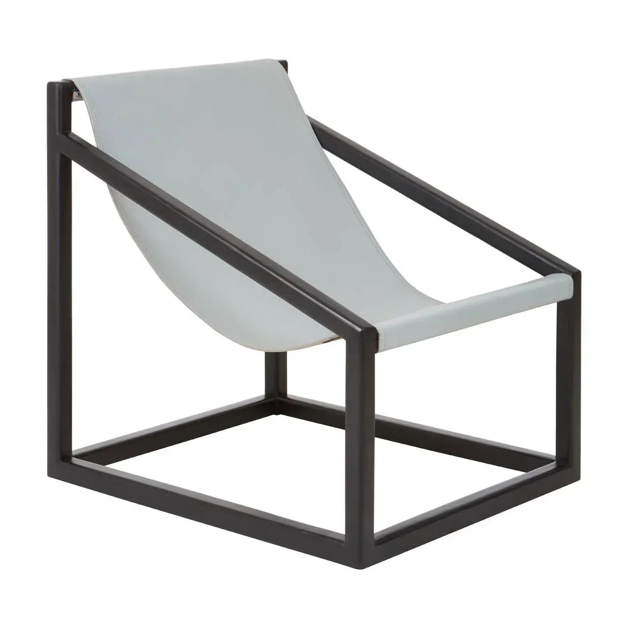 Modern accent chair with black metal frame and light grey sling seat, angled view