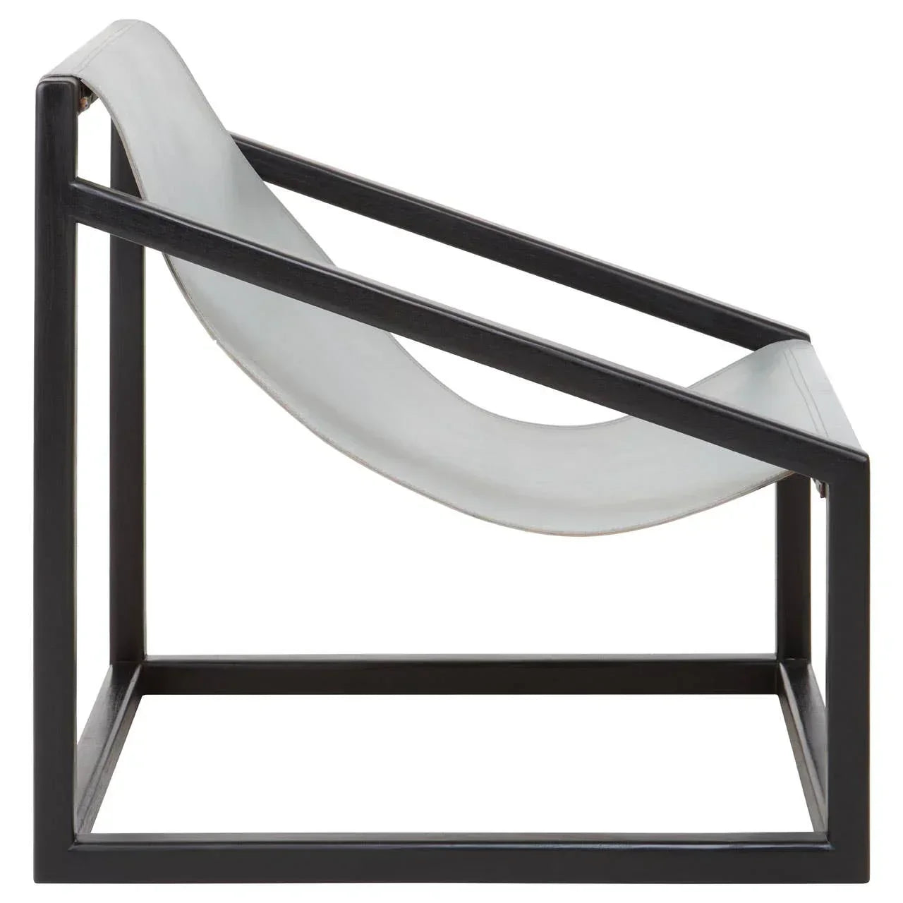 Modern accent chair with black metal frame and white sling seat, side profile view