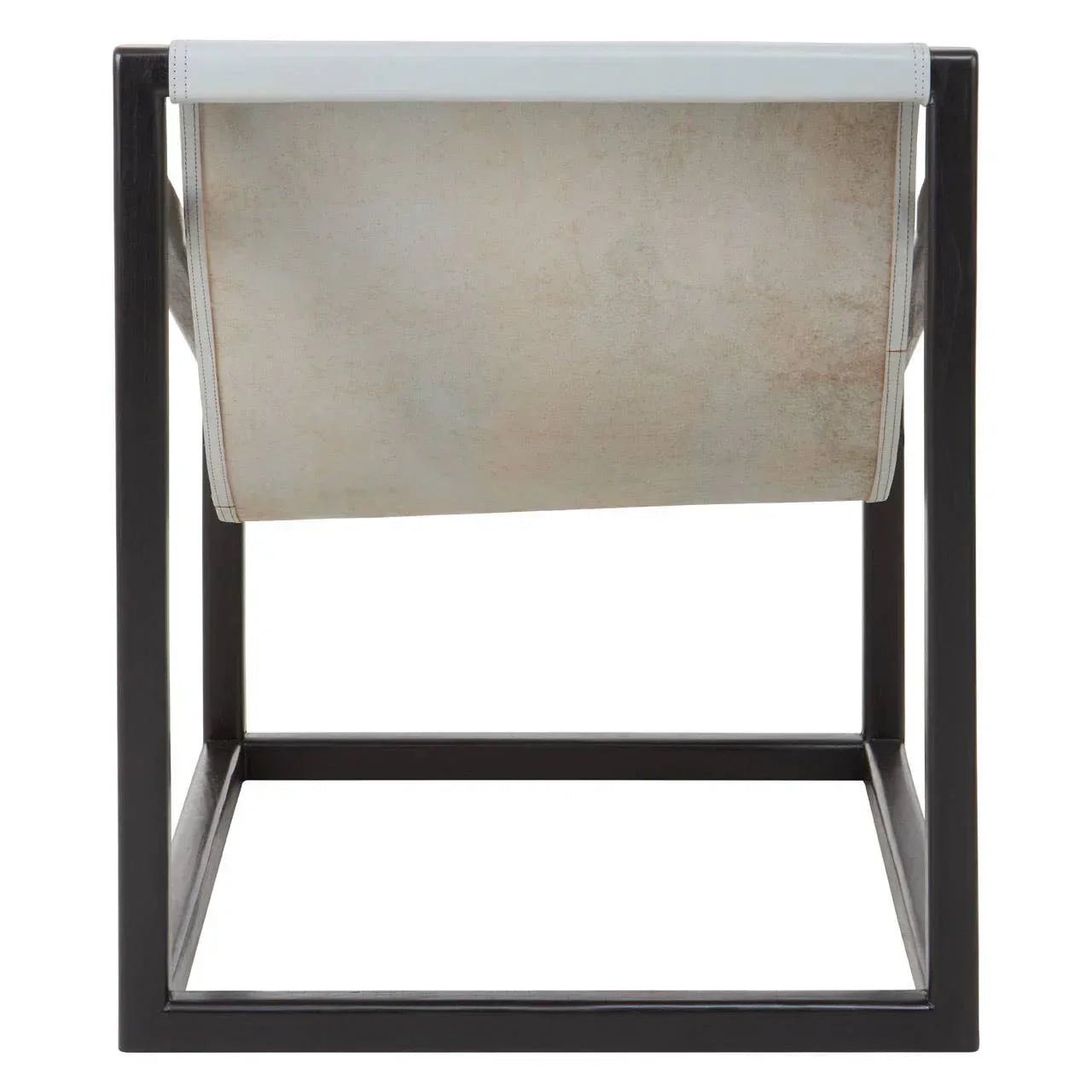 Modern lounge chair with black metal frame and tan leather sling seat, rear view