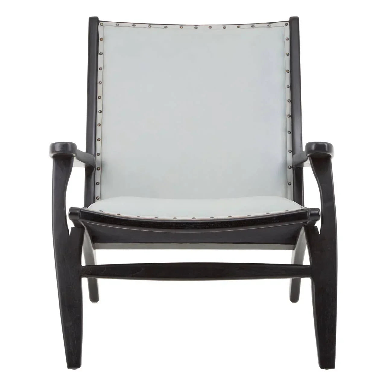 Black wood armchair with white leather seat and backrest, front view