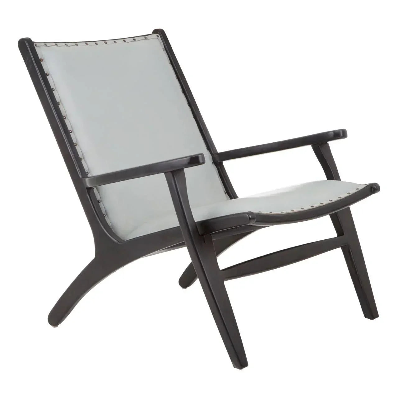 Modern lounge chair with black wooden frame and light grey seat, angled view