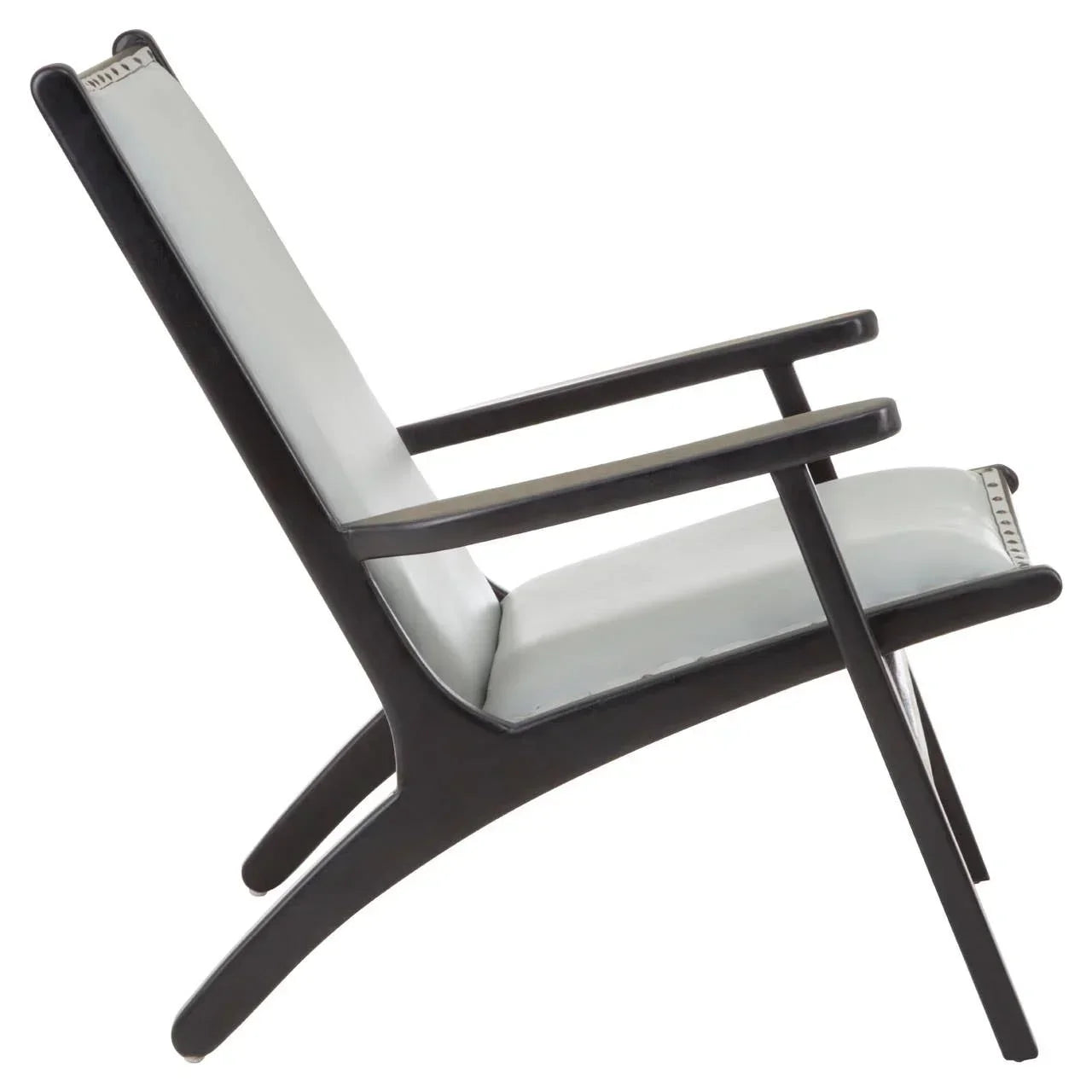 Black wood accent chair with angled legs and light grey cushioned seat, side profile view
