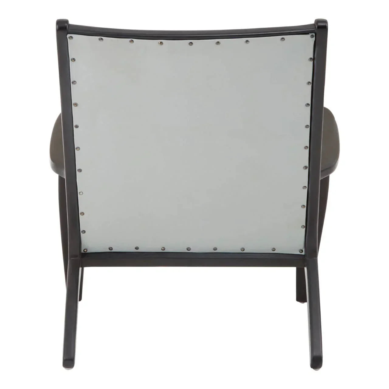 Modern armchair rear view with metal frame and rivet details