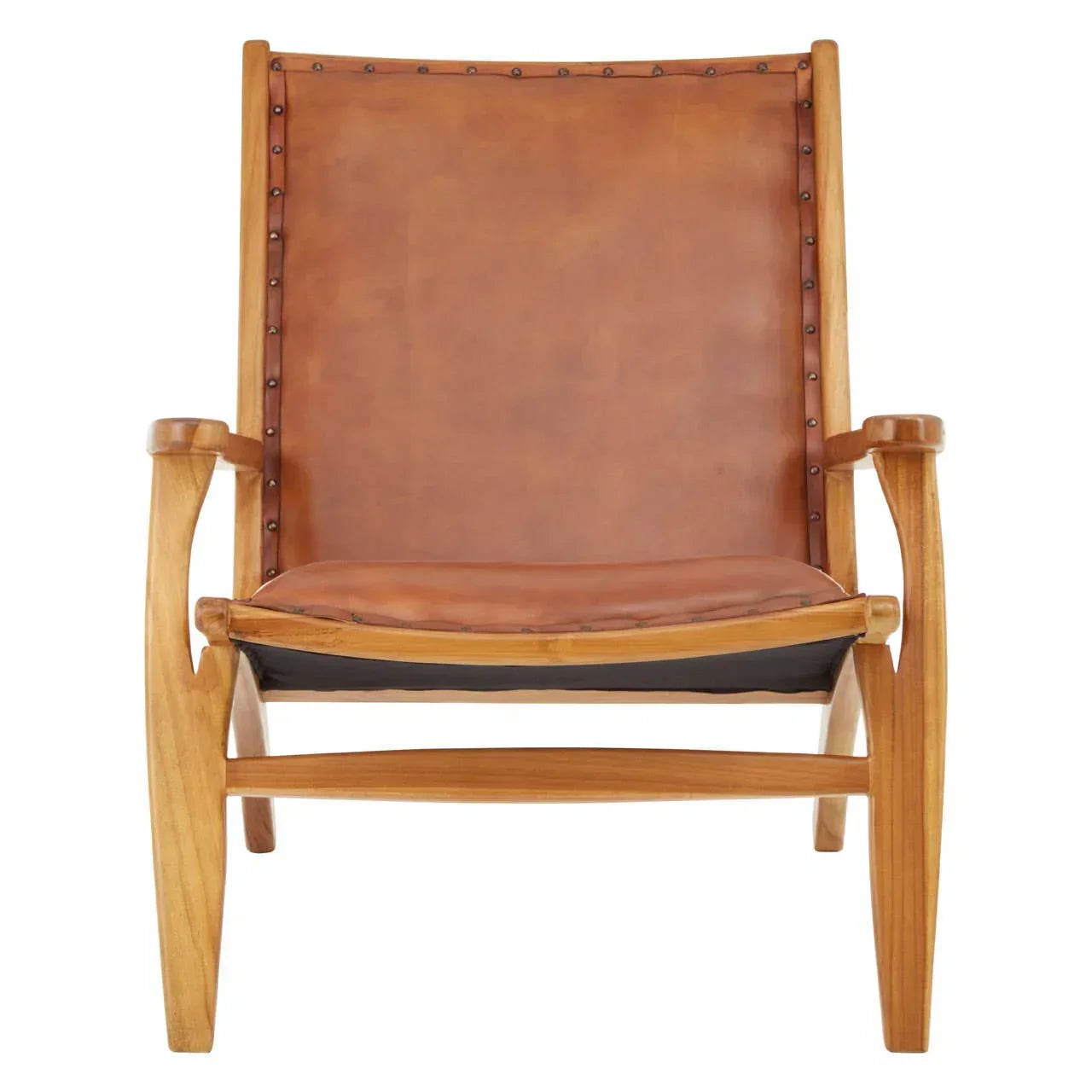 Front view of tan leather lounge chair with wooden frame and armrests