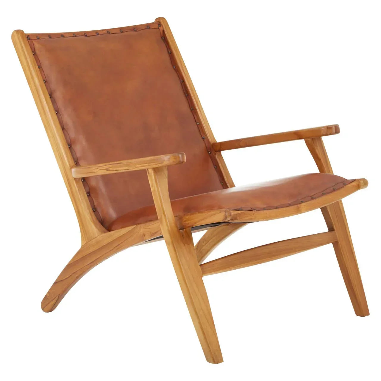 Brown leather lounge chair with wooden frame and angled armrests