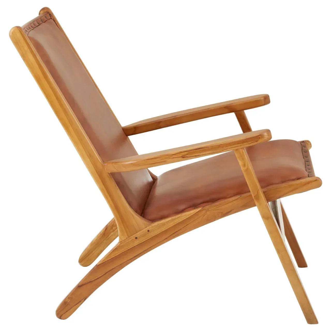 Side view of wooden lounge chair with brown leather seat and backrest