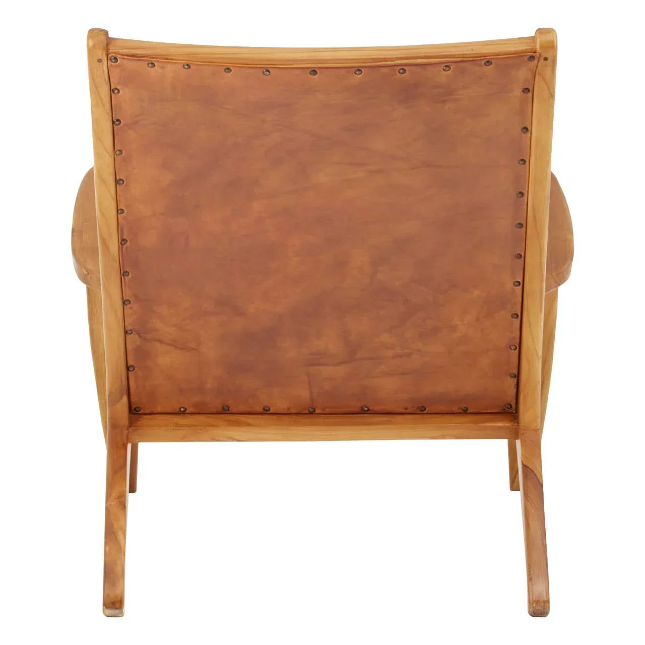 Back view of tan leather accent chair with wooden frame and metal stud detailing
