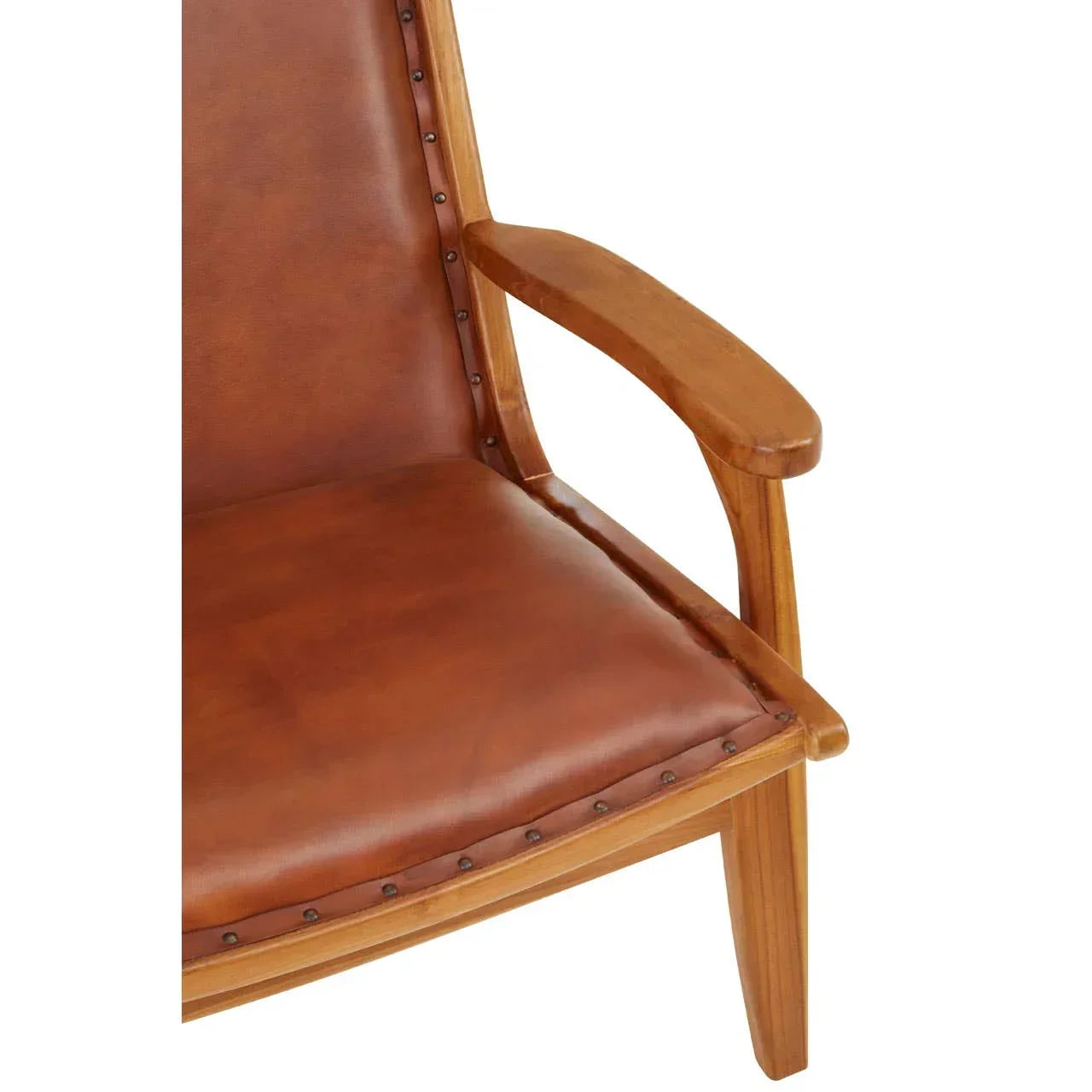 Brown leather armchair with wooden armrest and stud detailing, close-up view