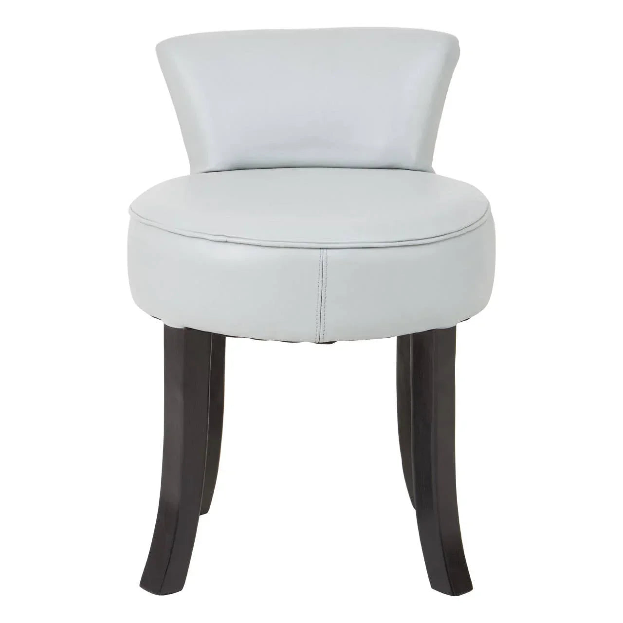 Light grey vanity stool with upholstered seat and curved backrest on dark wood legs
