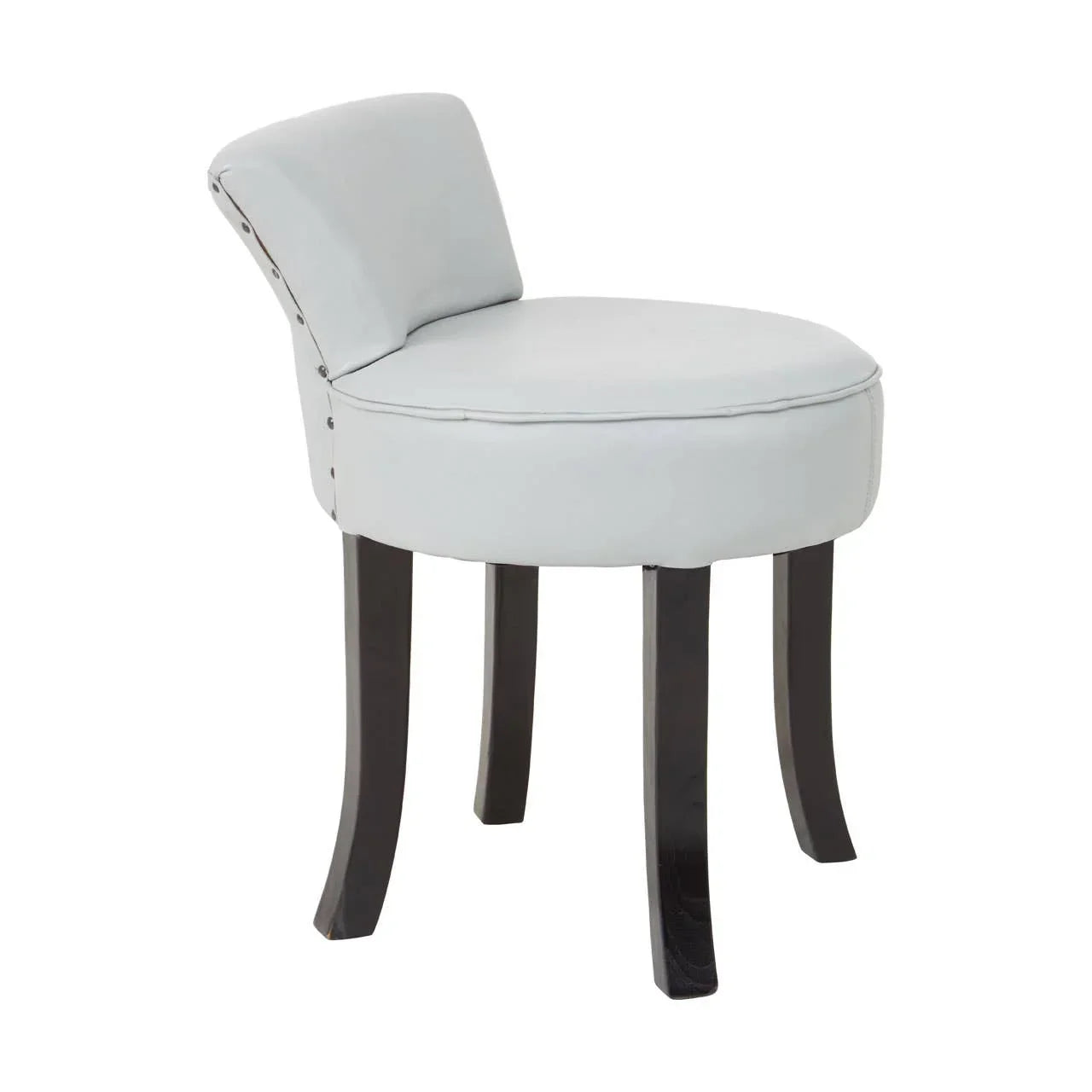 Light grey upholstered stool with curved backrest and dark wooden legs