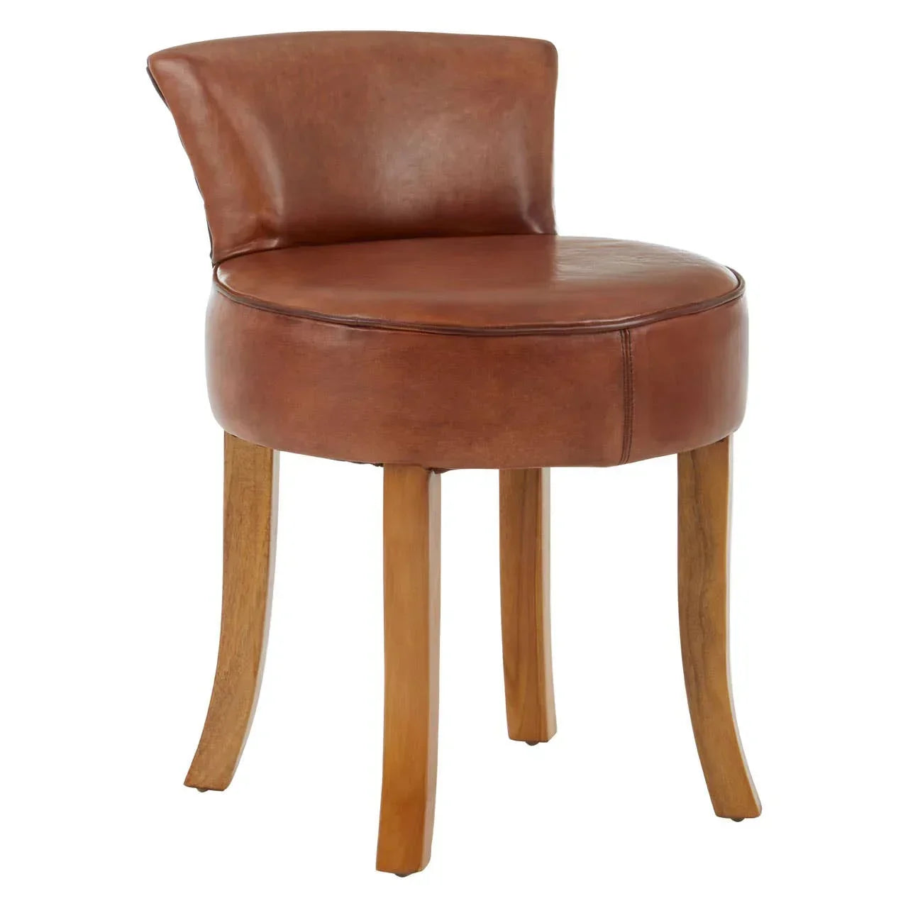 Brown leather accent chair with curved wooden legs and rounded seat