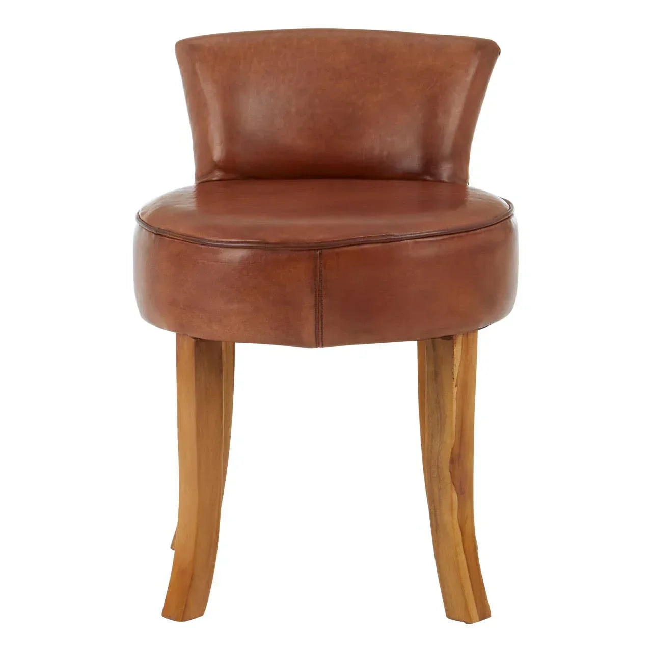 Brown leather accent chair with curved backrest and wooden legs, front view