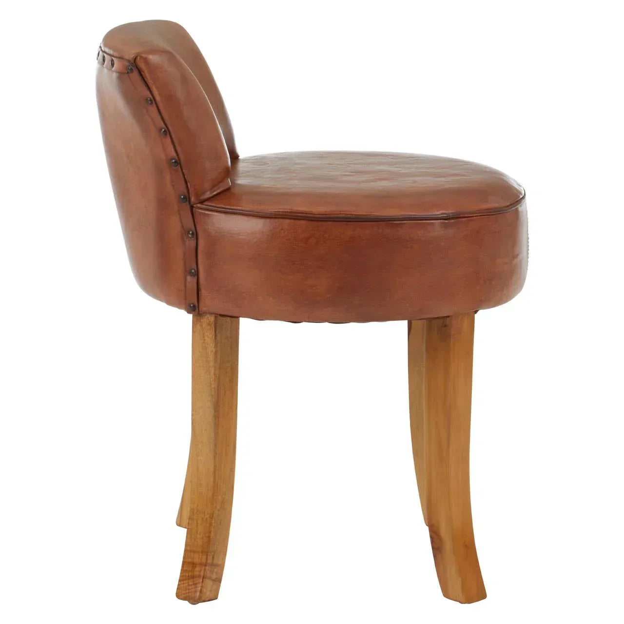 Brown leather accent chair with wooden legs, side profile view