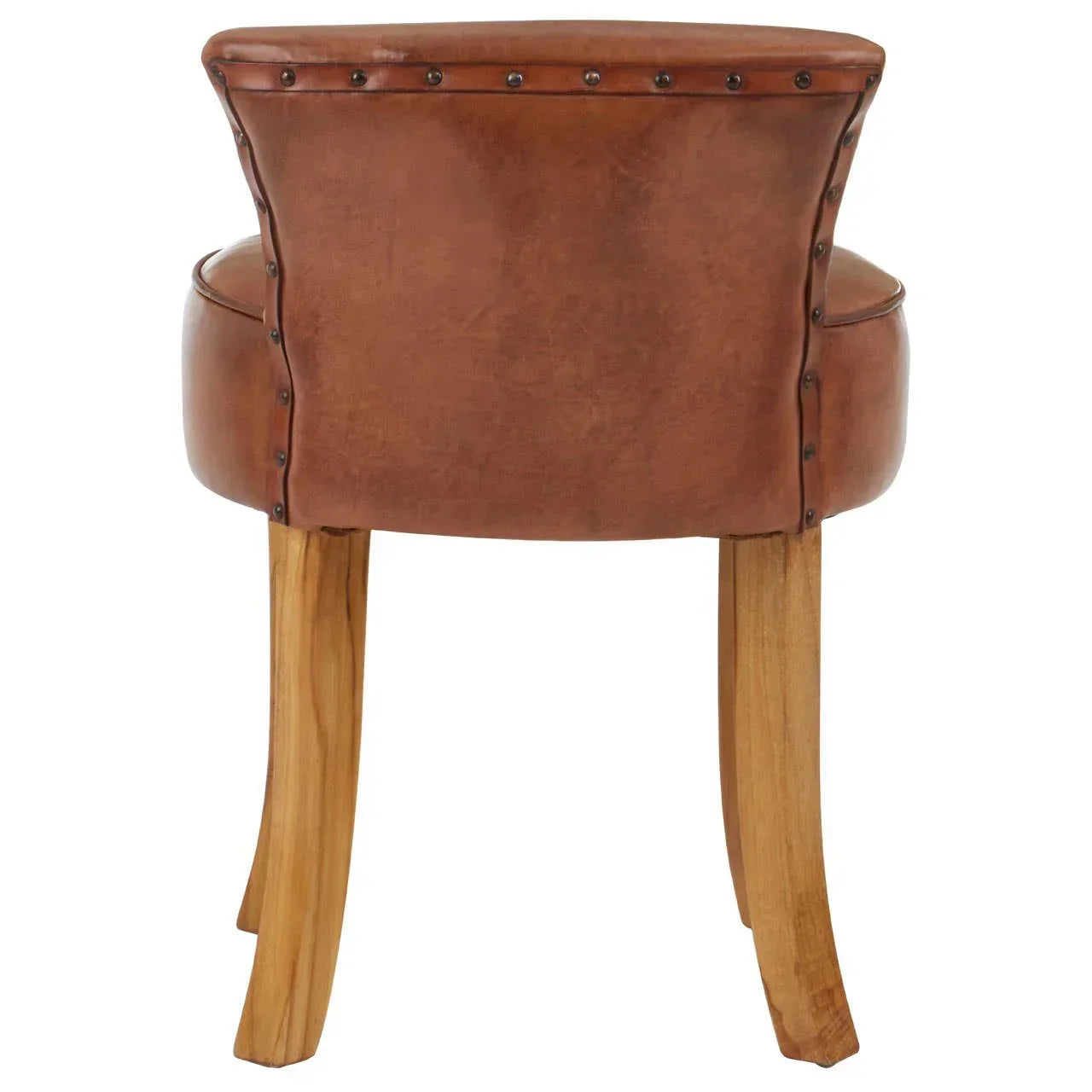 Back view of brown leather dining chair with wooden legs and metal stud detailing
