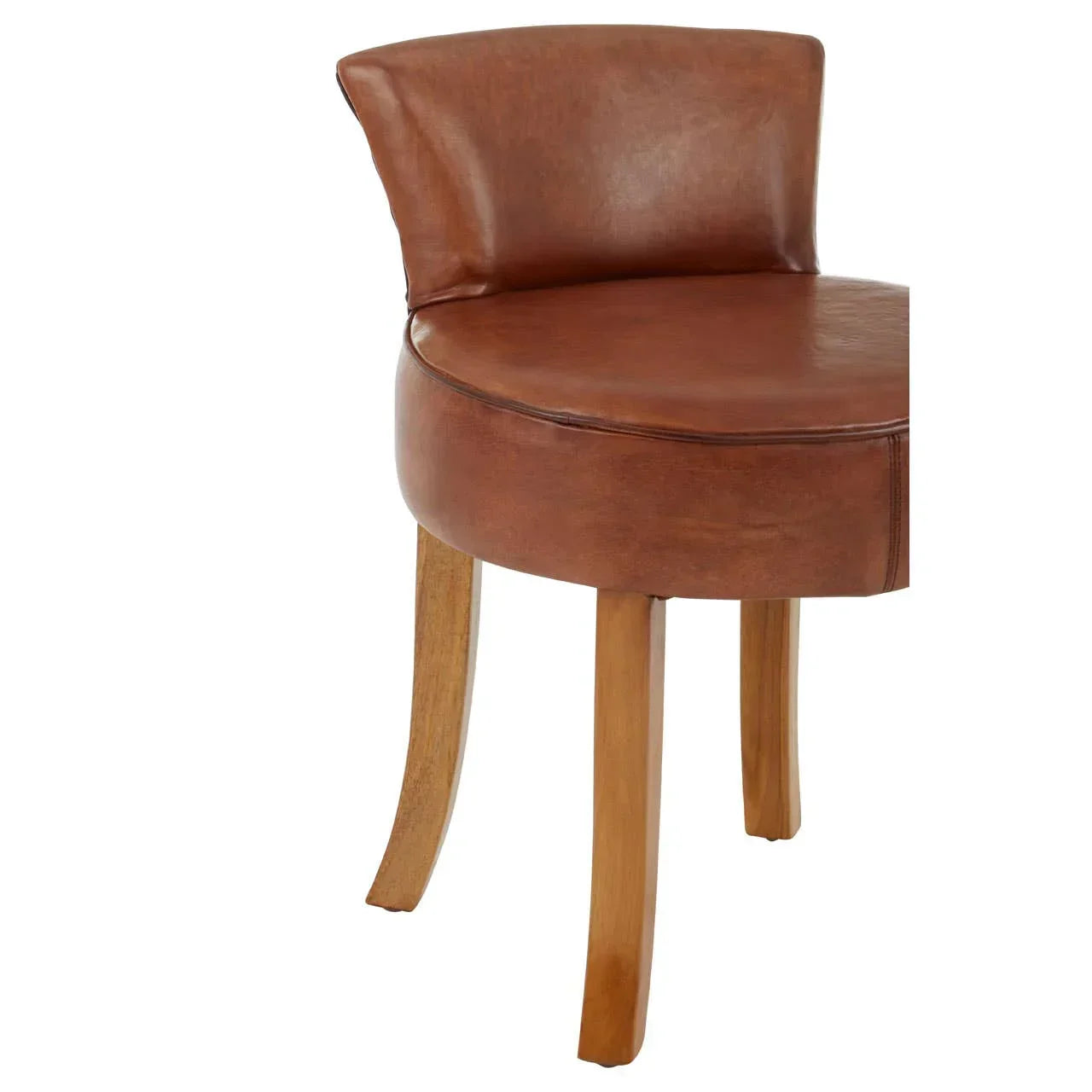 Brown leather dining chair with curved backrest and wooden legs, partial side view