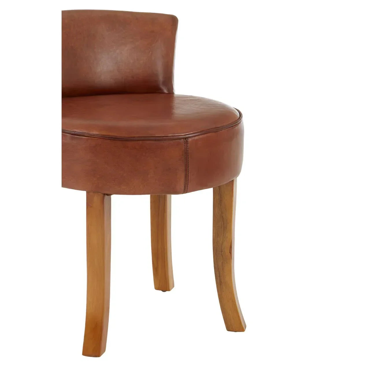 Brown leather dining chair with curved wooden legs and low backrest