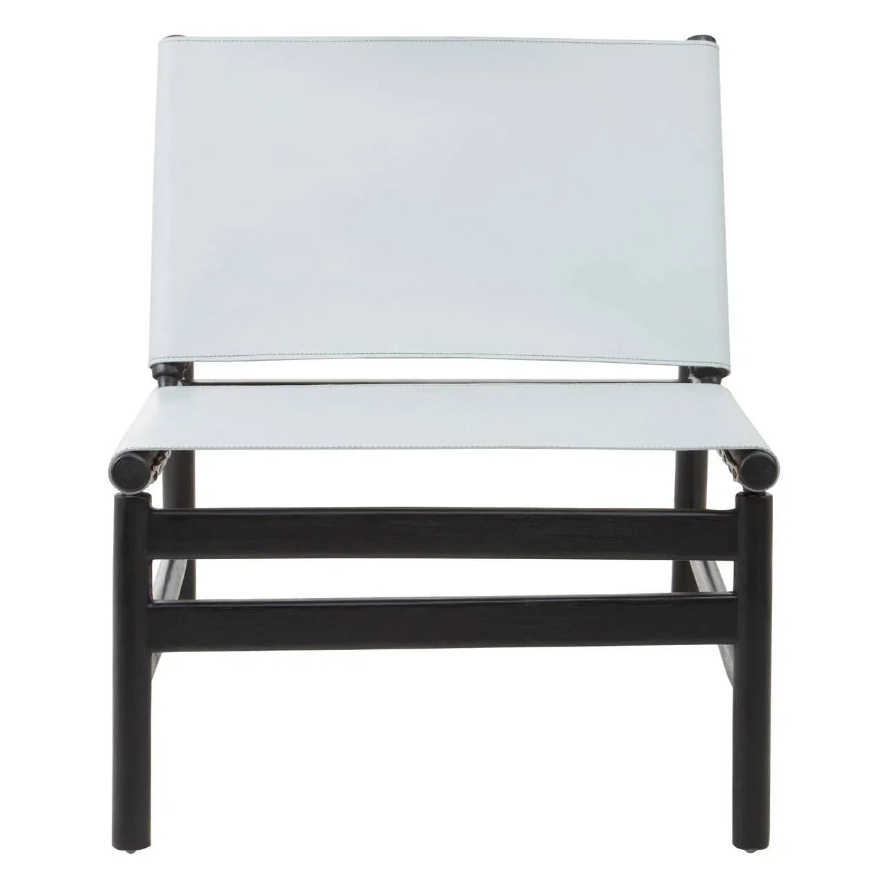 Modern accent chair with white canvas seat and black wood frame, front view