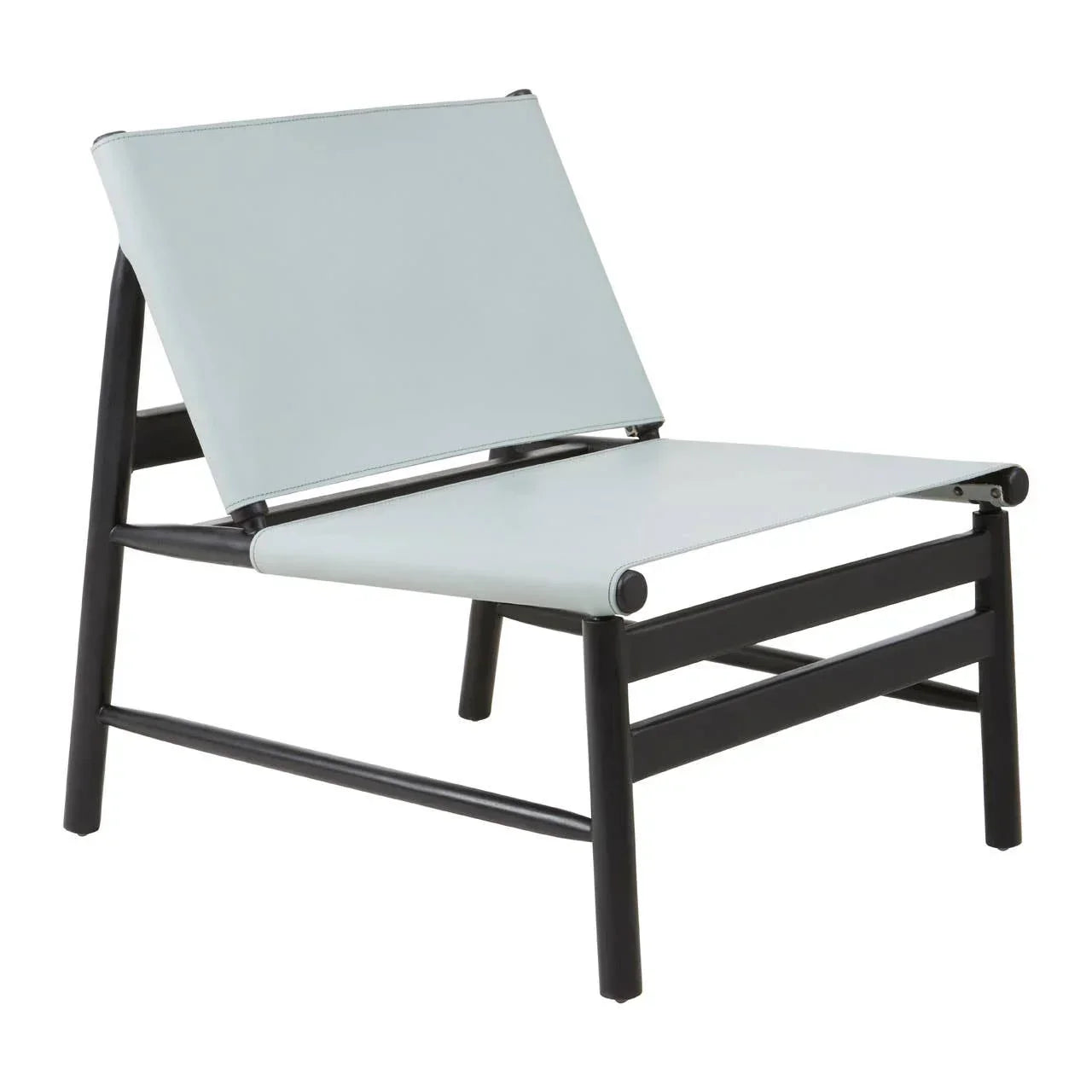 Modern lounge chair with black metal frame and light grey sling seat, angled view