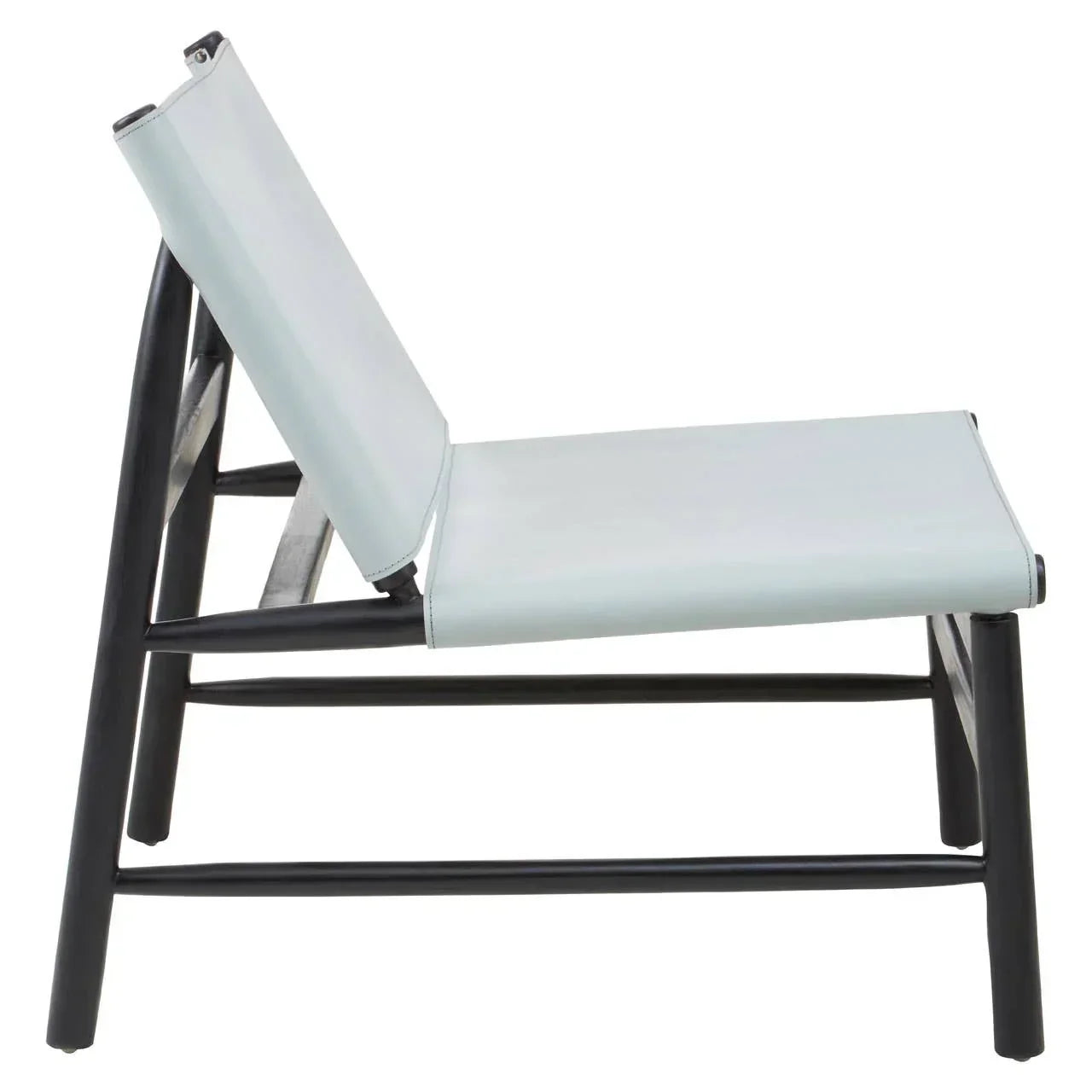 Modern lounge chair with black metal frame and light grey seat, side view
