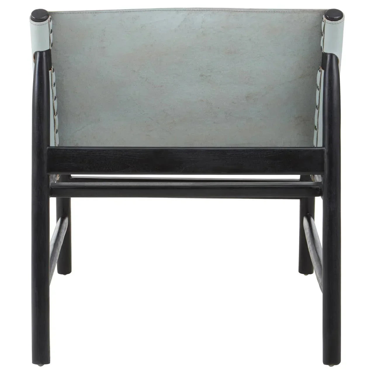 Rear view of black wooden chair with light blue leather backrest and visible stitching