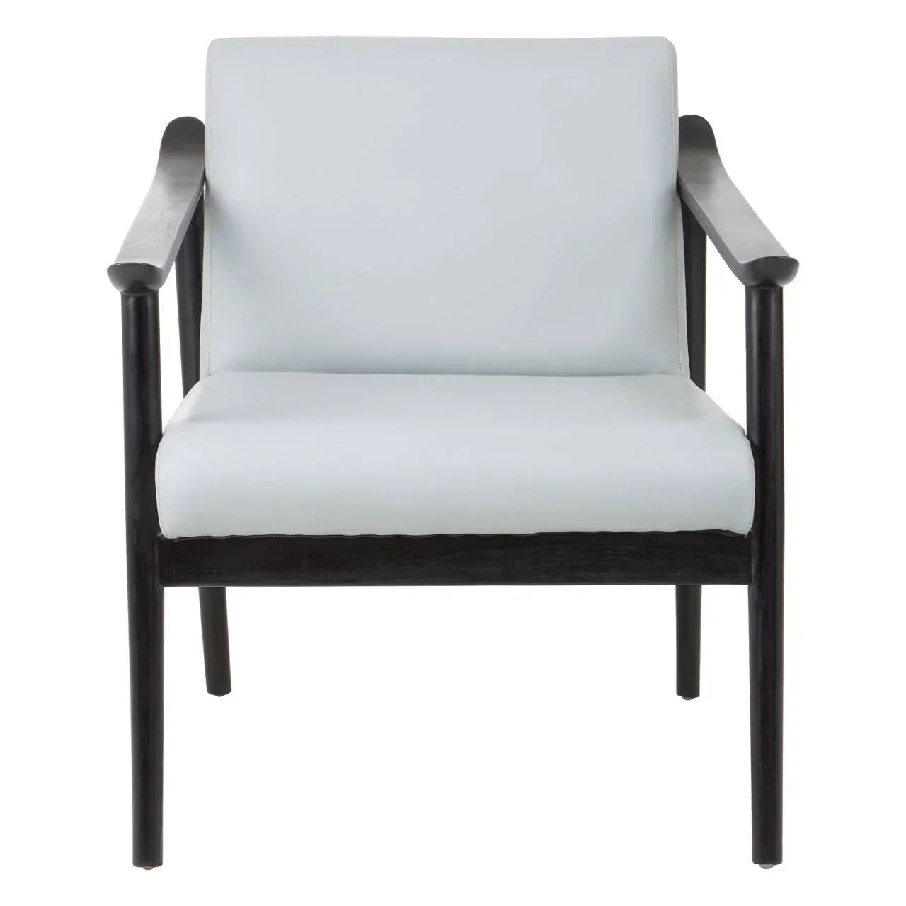 Modern armchair with light grey upholstery and black wooden frame, front view