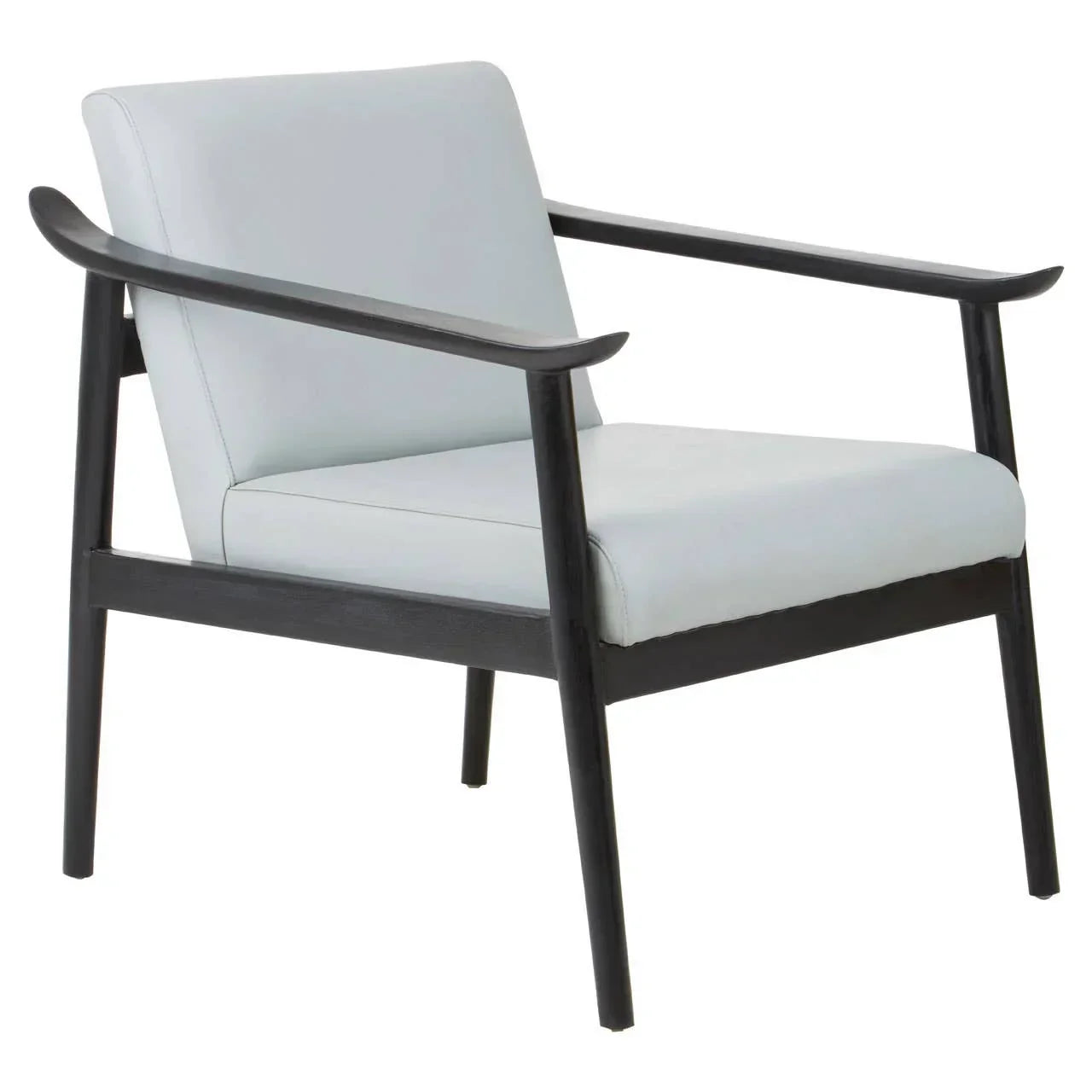 Modern accent chair with light grey seat, angled black wood frame and armrests