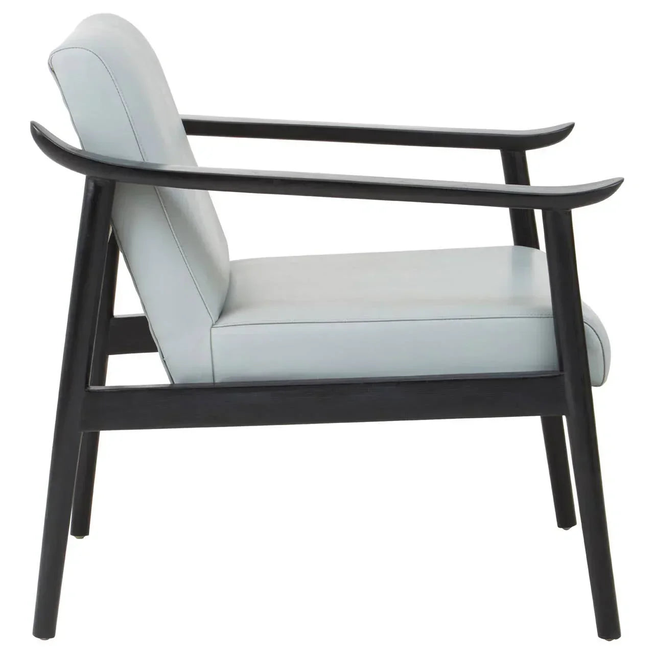Modern accent chair with light grey upholstery and black wooden frame, side profile view