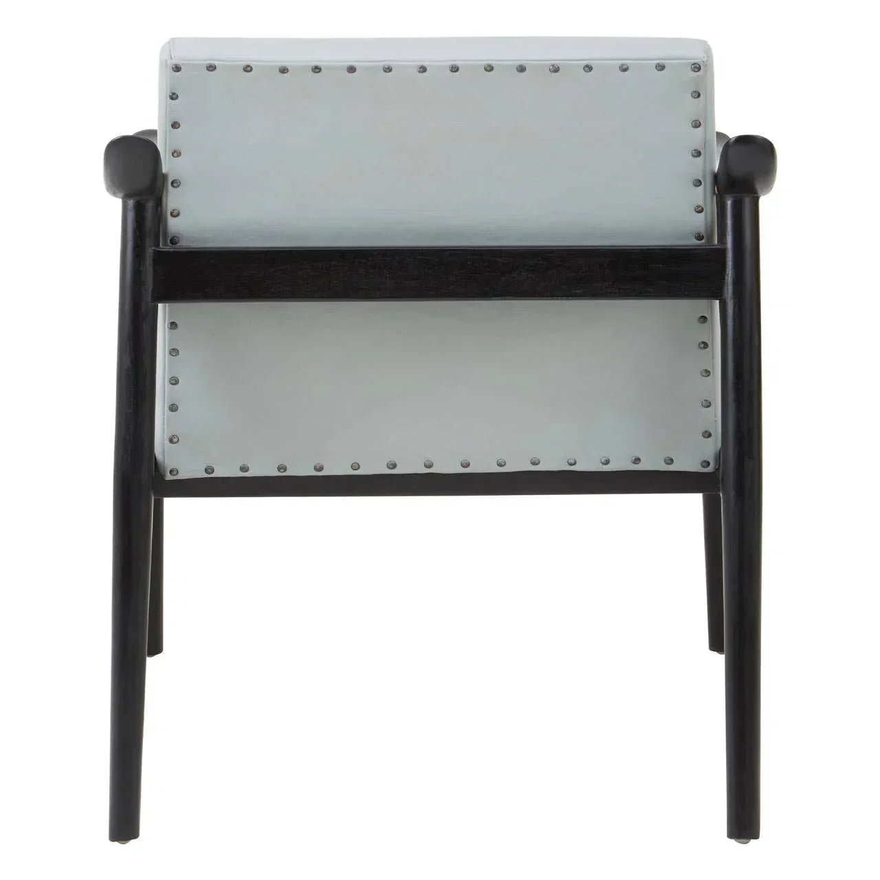 Back view of accent chair with pale upholstery, black wooden frame, and studded trim