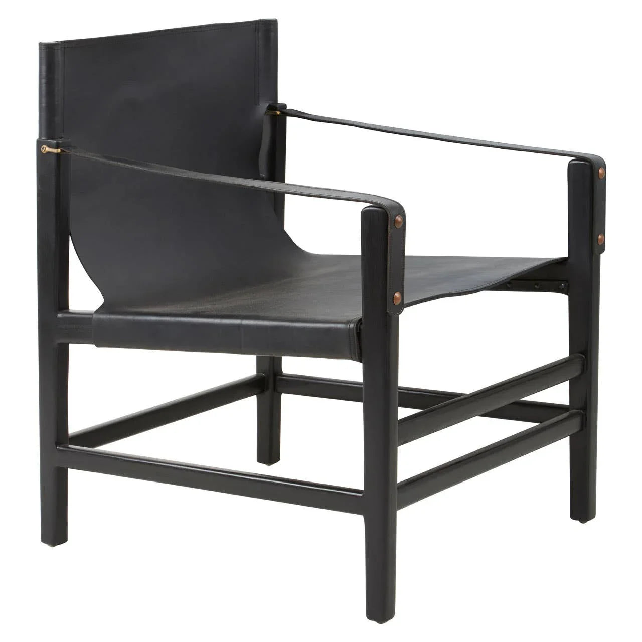 Black leather accent chair with open frame and sling seat, front angled view