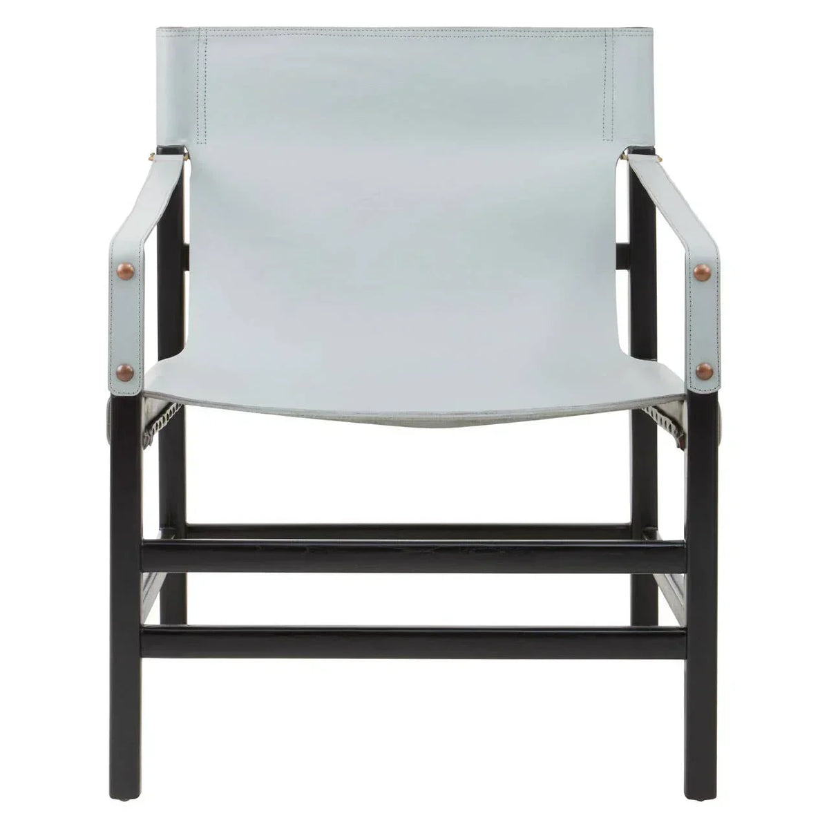 Modern accent chair with black wooden frame and white leather seat, front view