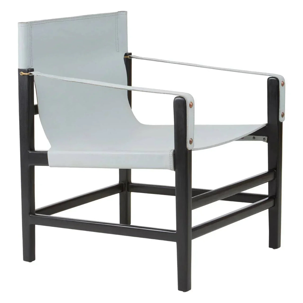 Modern lounge chair with black wooden frame and light grey leather seat and backrest