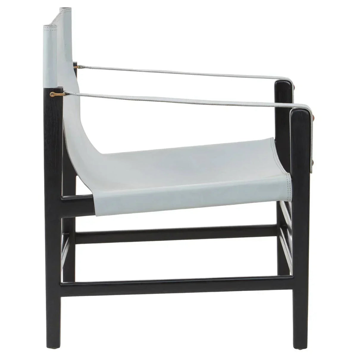 Modern accent chair with black wood frame and light grey leather sling seat side view