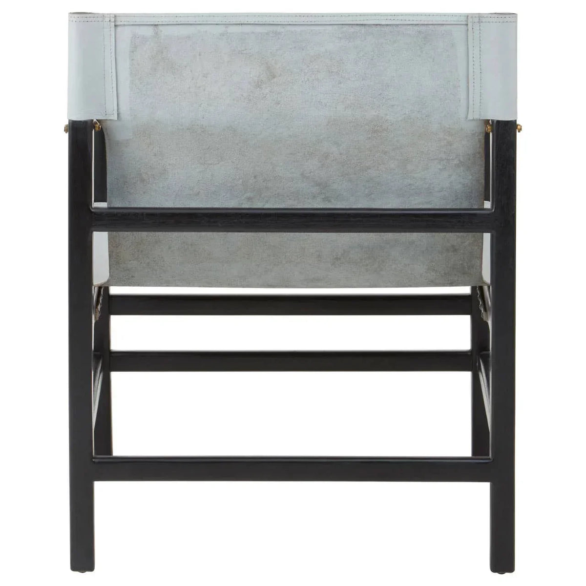 Back view of modern accent chair with light grey suede upholstery and black wooden frame
