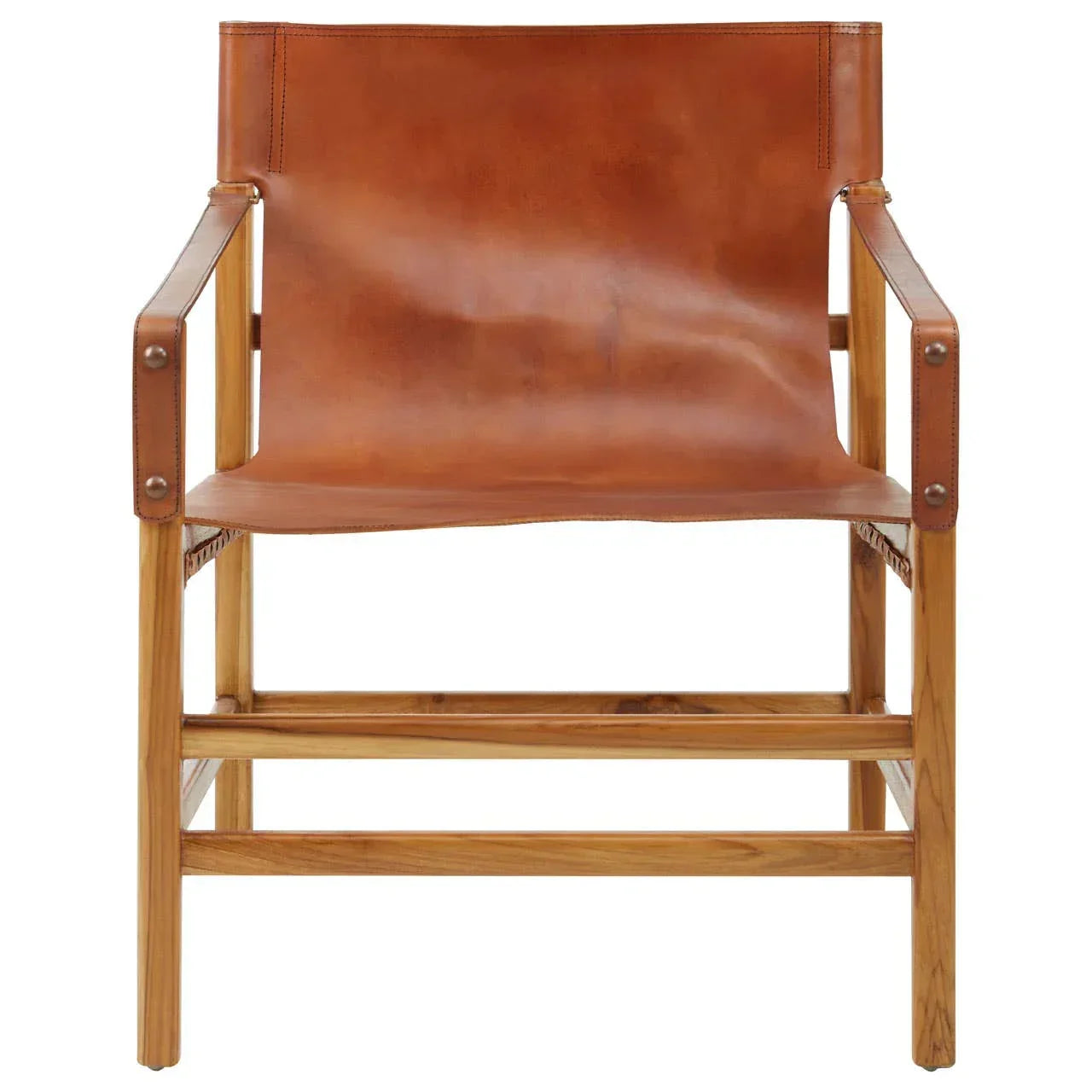 Brown leather accent chair with wooden frame, front view, exposed stitching detail