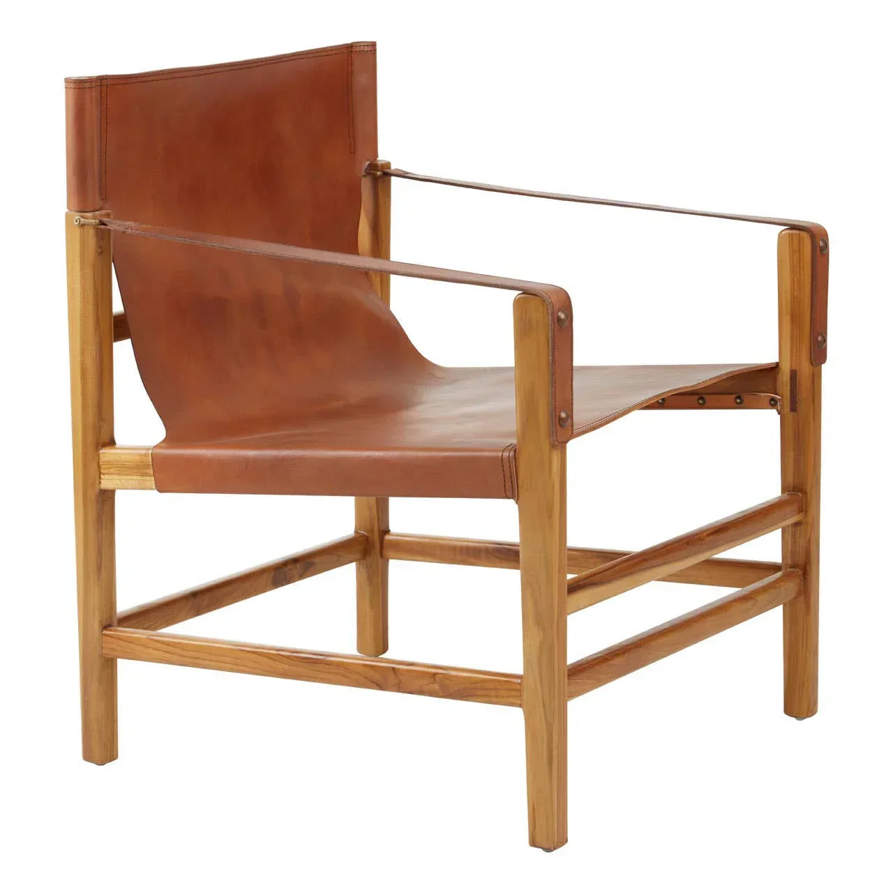 Tan leather accent chair with wooden frame and armrests, angled front view