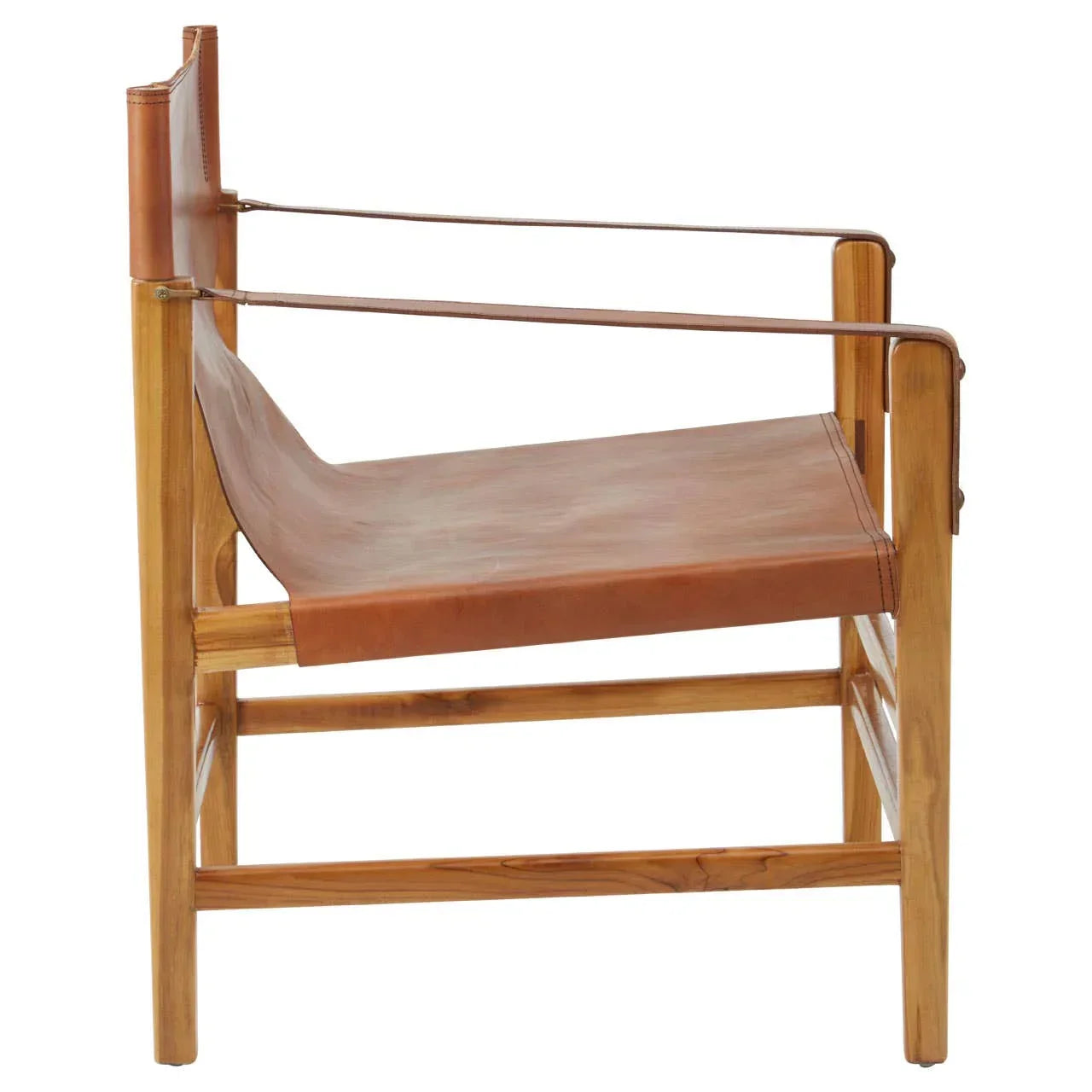 Side view of leather lounge chair with wooden frame and sling seat