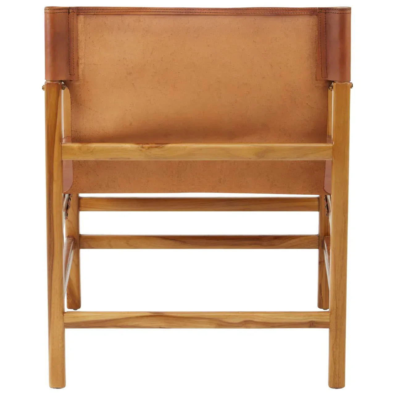 Tan leather dining chair with solid wooden frame, rear view